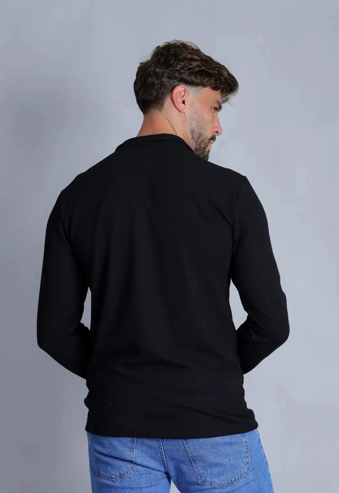 Camisa Polo Italiana Tricot Manga Longa Preta