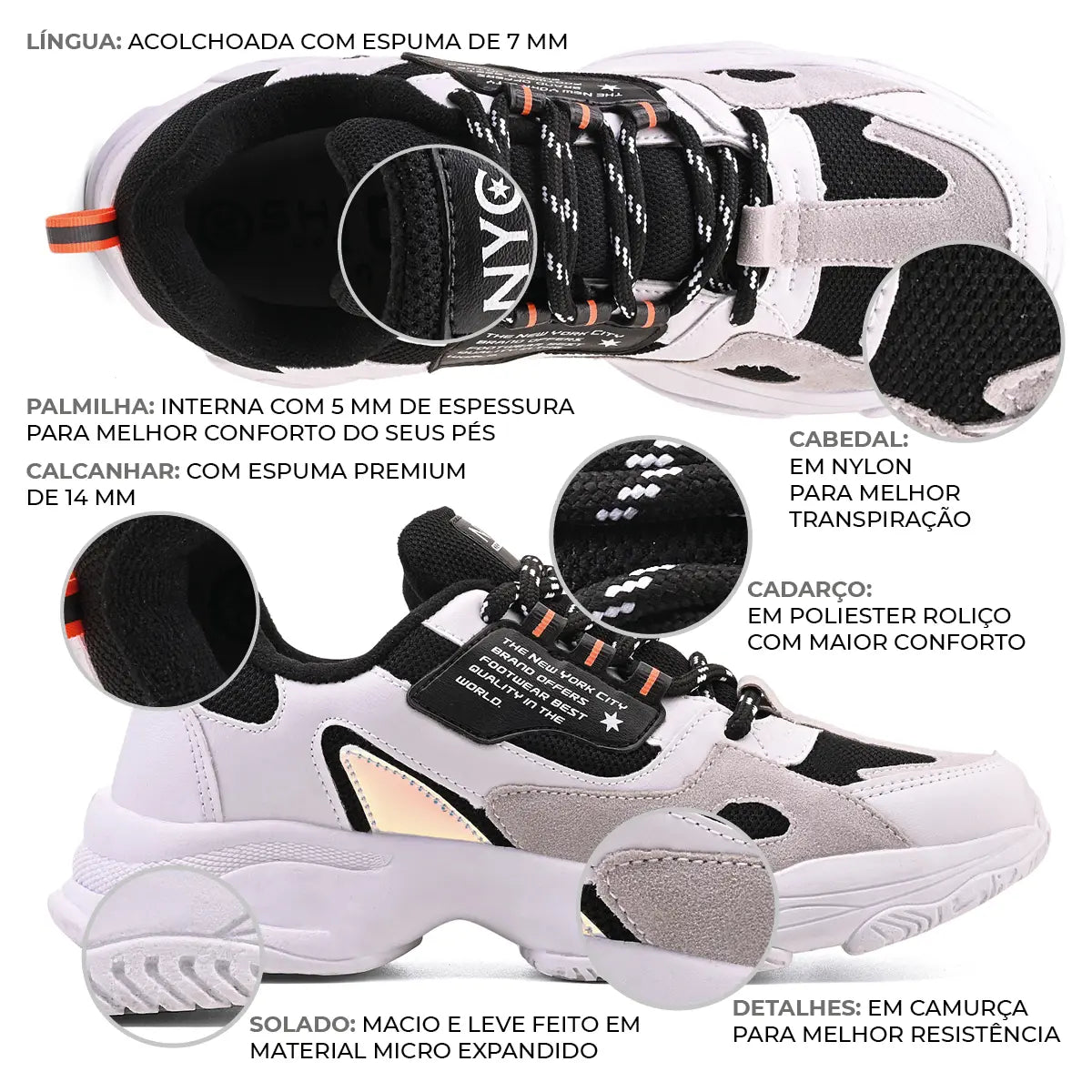 Chunky Nyc - Tênis Casual Estiloso e Confortável + Palmilha Ortopédica