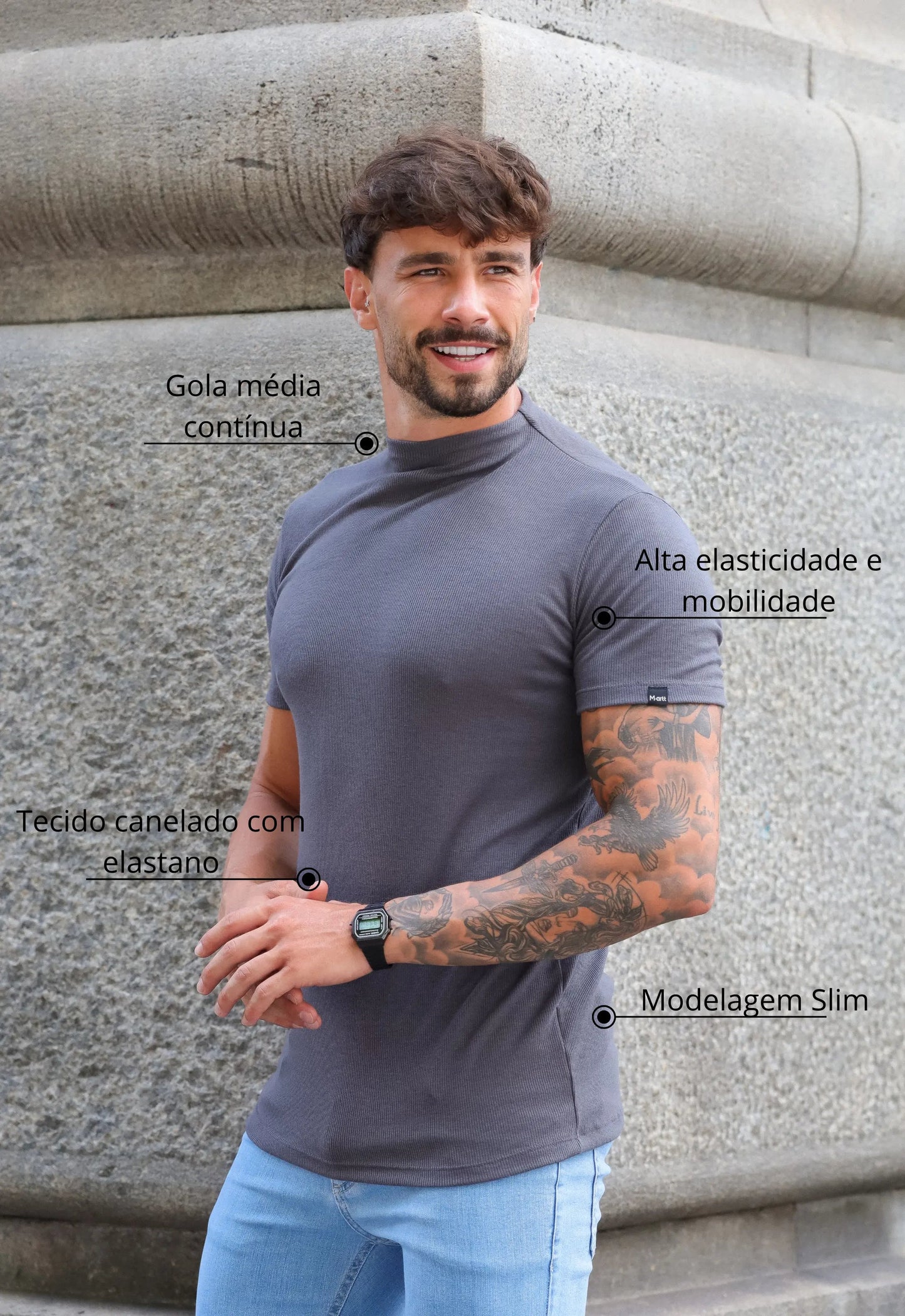 Camiseta Slim Gola Média Cinza