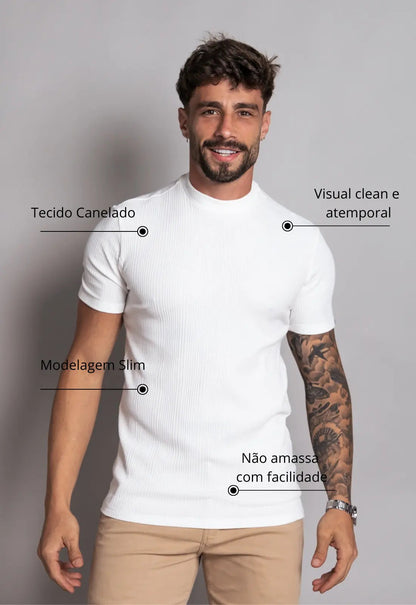 Camiseta Canelada Gola Média Branca
