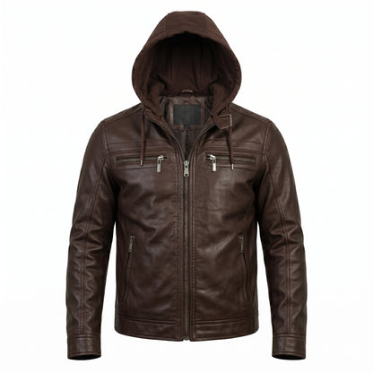 Jaqueta de Couro KURTZ - Masculina Slim, Forrada, Com Capuz Removivel