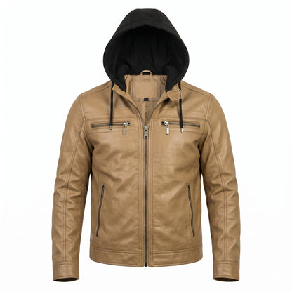 Jaqueta de Couro KURTZ - Masculina Slim, Forrada, Com Capuz Removivel