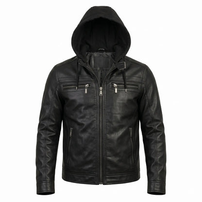Jaqueta de Couro KURTZ - Masculina Slim, Forrada, Com Capuz Removivel