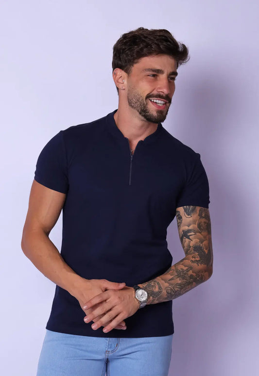 Camiseta com Zíper Azul Marinho