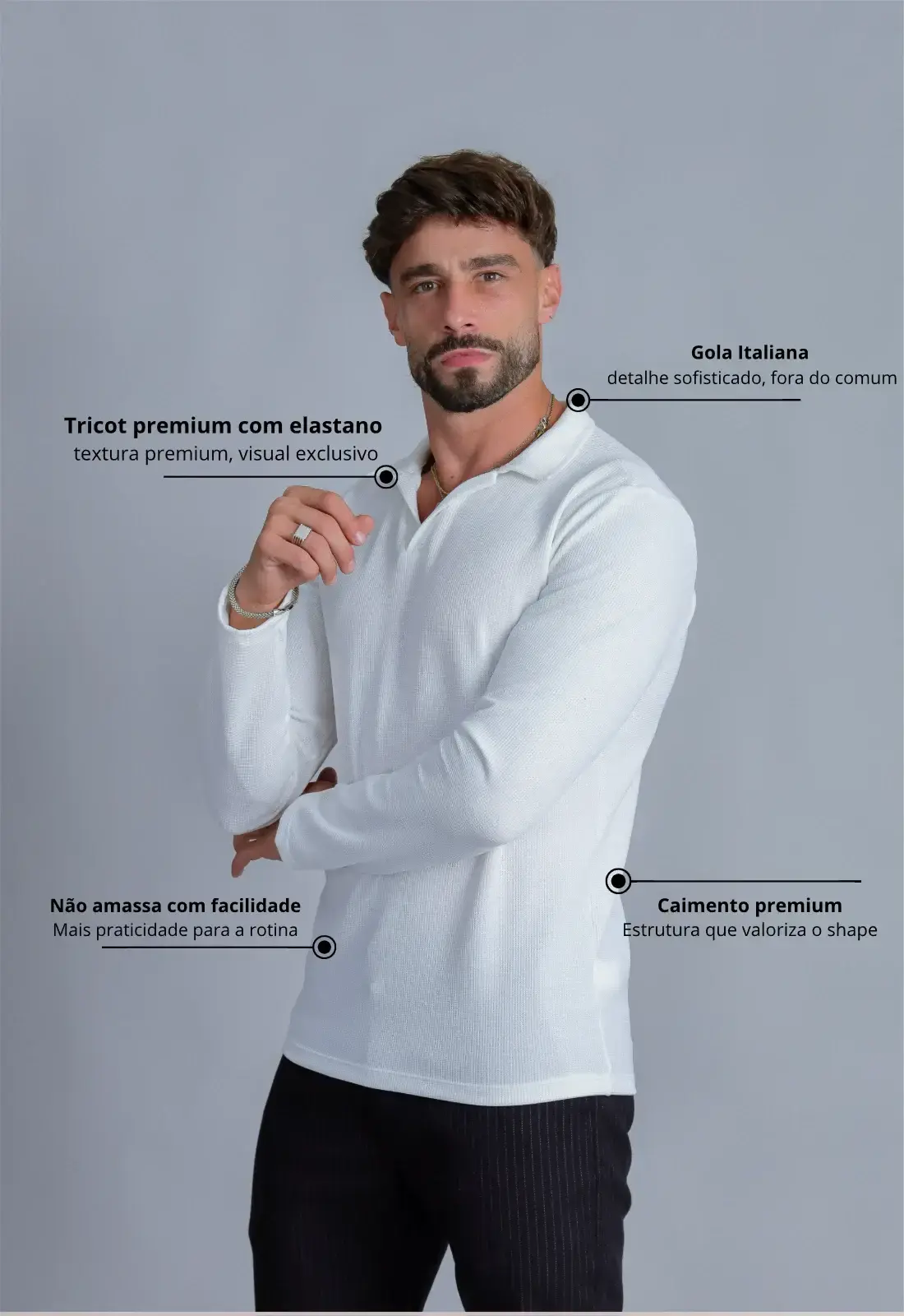 Camisa Polo Italiana Tricot Manga Longa Branca