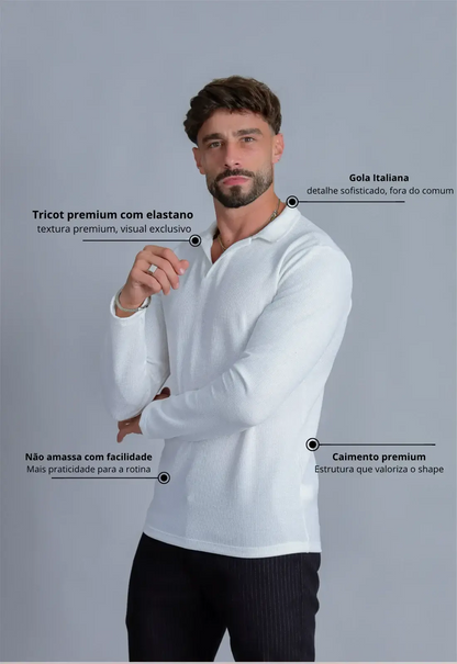 Camisa Polo Italiana Tricot Manga Longa Branca