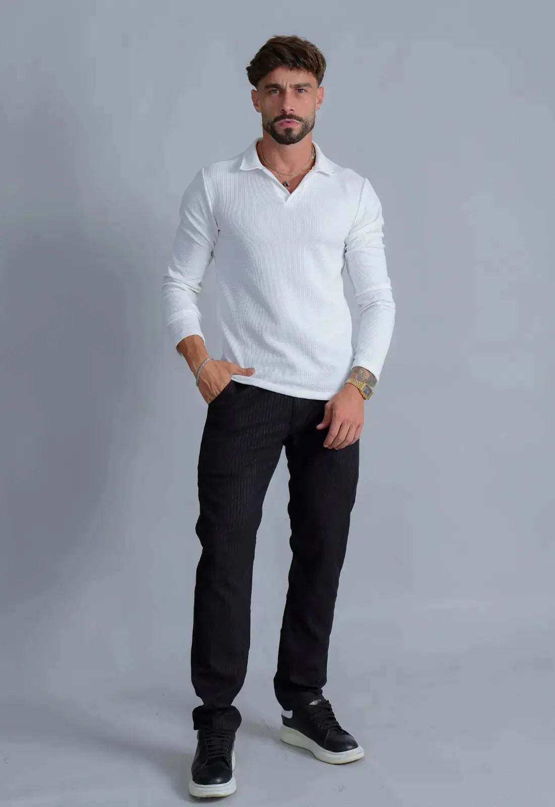 Camisa Polo Italiana Tricot Manga Longa Branca