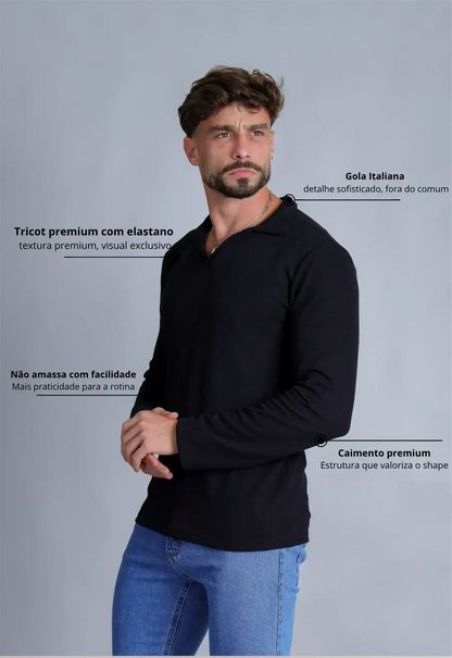 Camisa Polo Italiana Tricot Manga Longa Preta