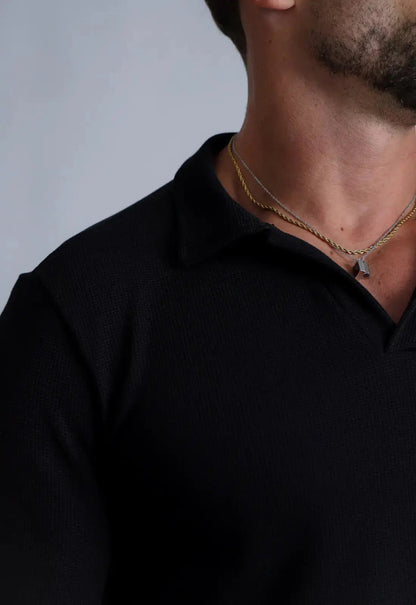 Camisa Polo Italiana Tricot Manga Longa Preta