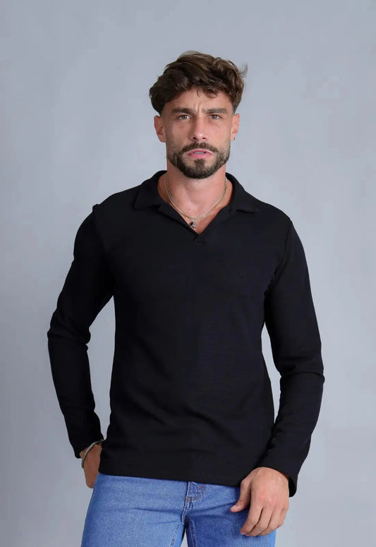 Camisa Polo Italiana Tricot Manga Longa Preta