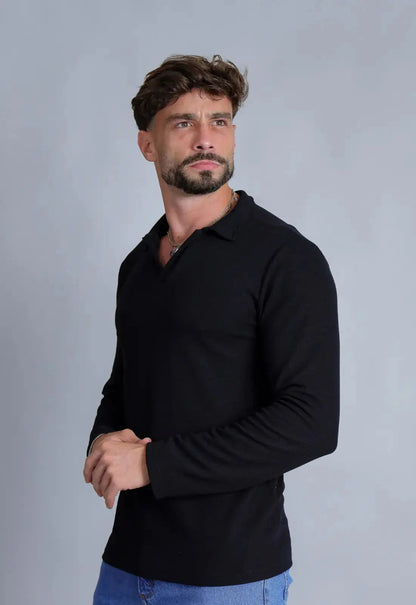 Camisa Polo Italiana Tricot Manga Longa Preta