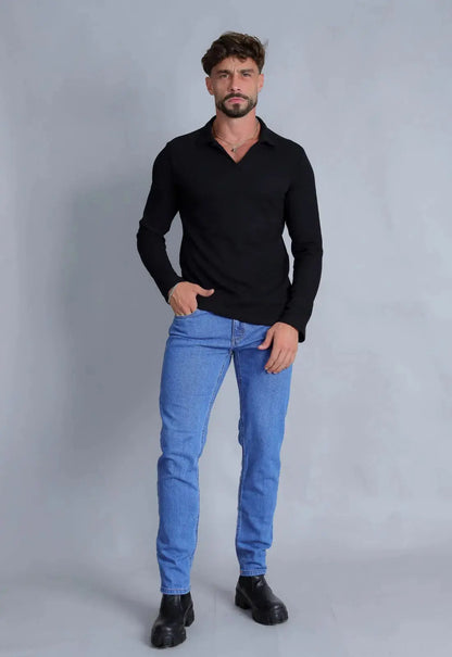 Camisa Polo Italiana Tricot Manga Longa Preta