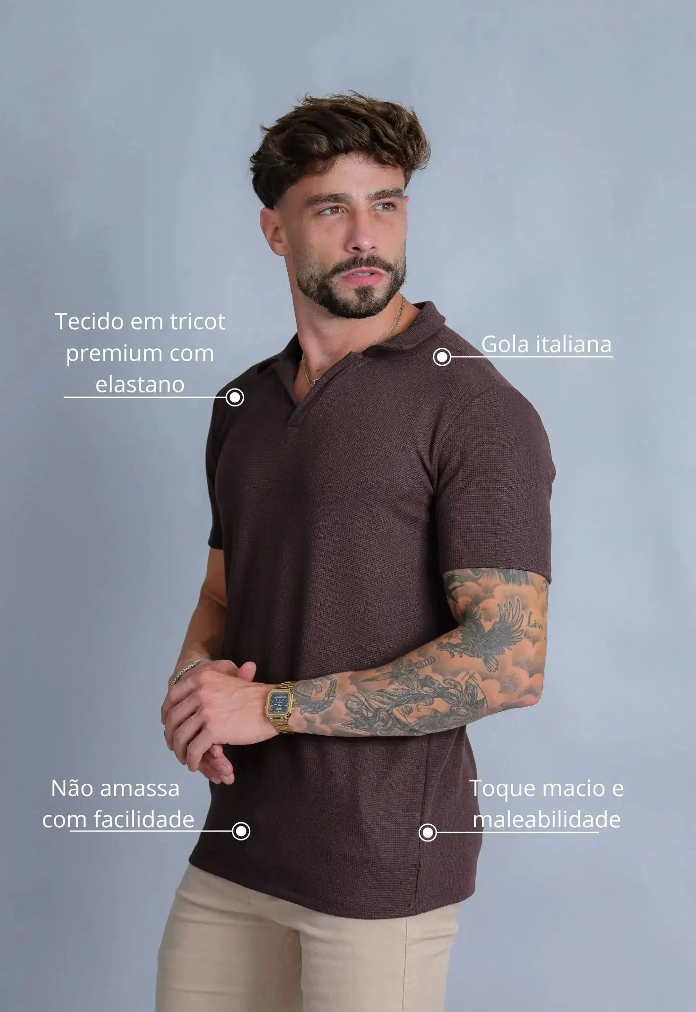 Camisa Polo Italiana Tricot Marrom Café