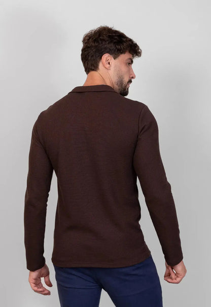 Camisa Polo Italiana Tricot Manga Longa Marrom