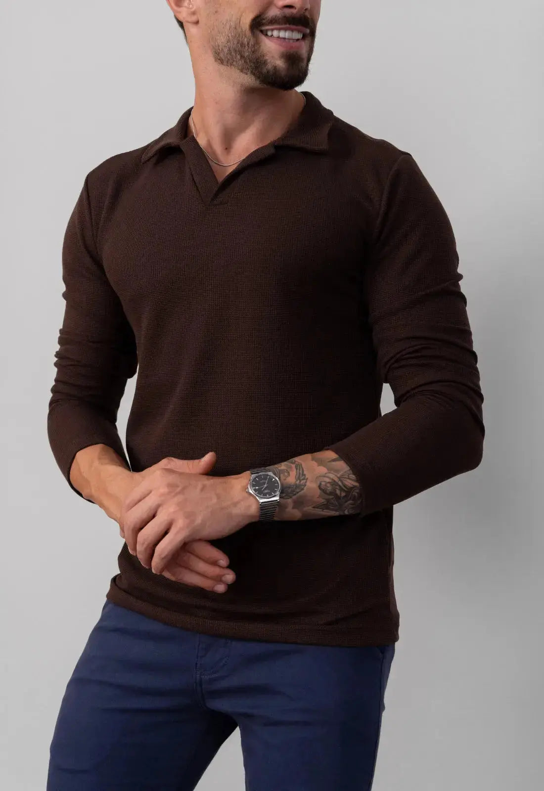 Camisa Polo Italiana Tricot Manga Longa Marrom
