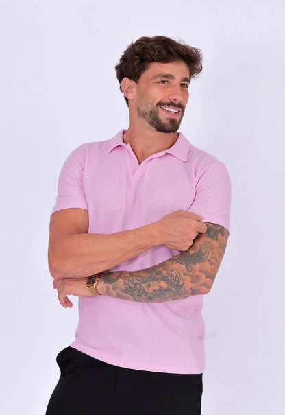 Camisa Polo Italiana Tricot Rosa Claro