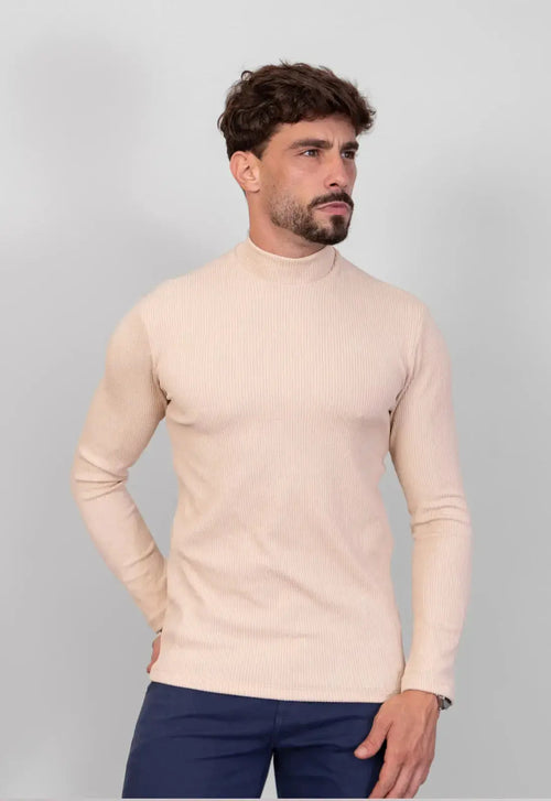 Camiseta Gola Alta Canelada Manga Longa Bege