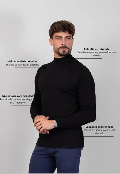 Camiseta Gola Alta Canelada Manga Longa Preto