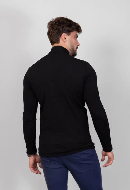 Camiseta Gola Alta Canelada Manga Longa Preto