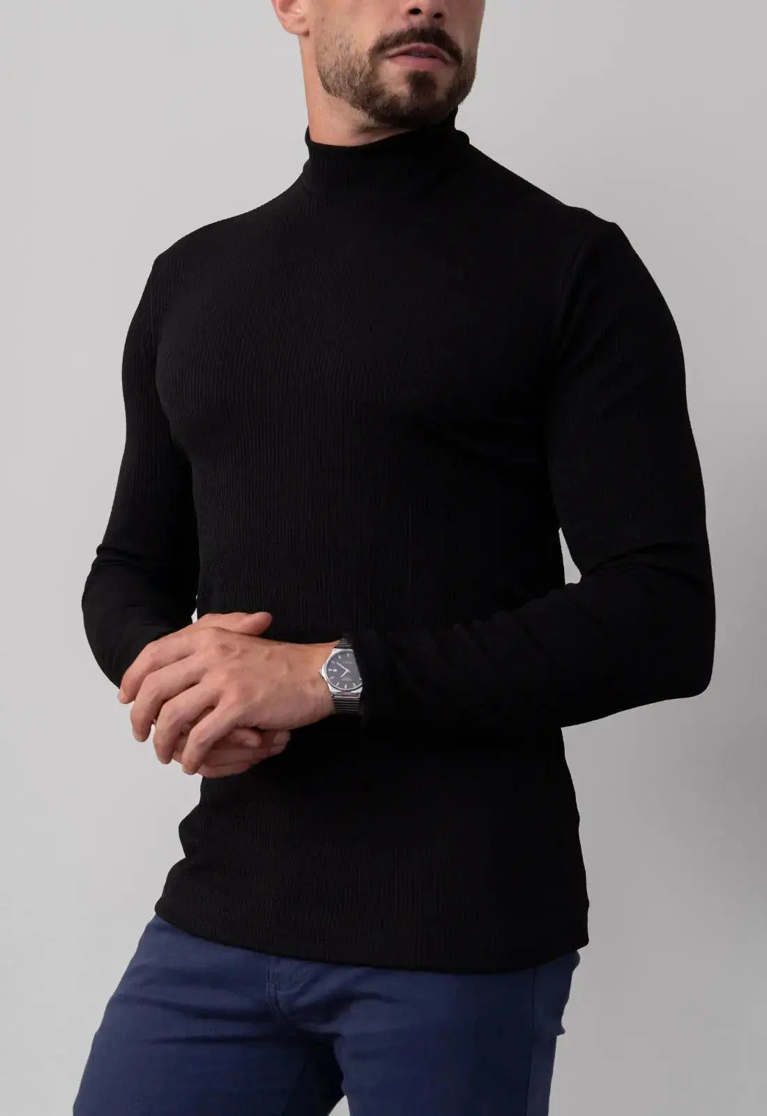 Camiseta Gola Alta Canelada Manga Longa Preto