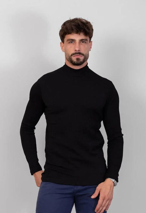 Camiseta Gola Alta Canelada Manga Longa Preto