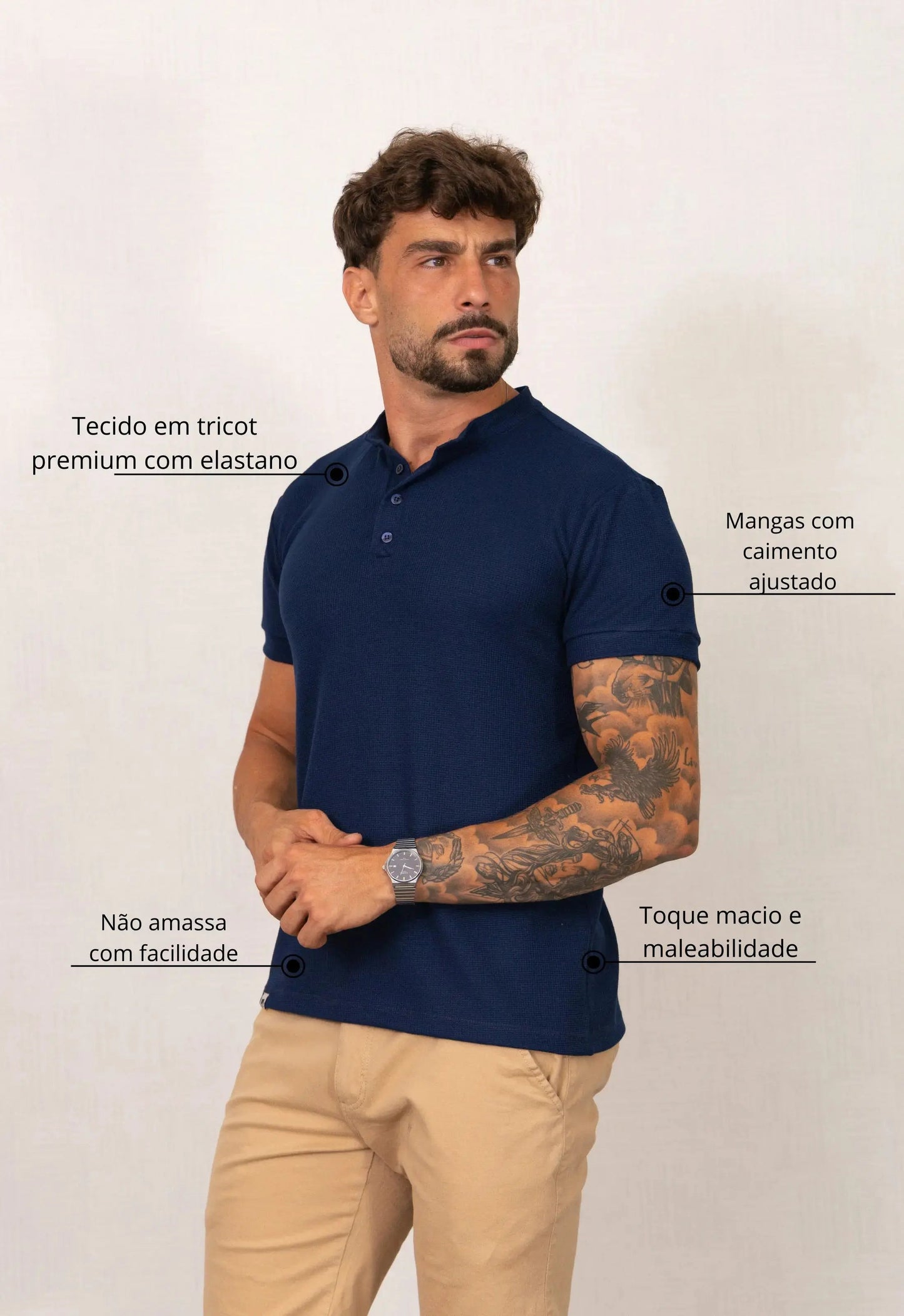 Camiseta Henley Slim Tricot com Elastano Azul Marinho