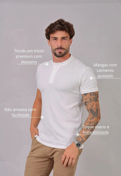 Camiseta Henley Slim Tricot com Elastano Branca