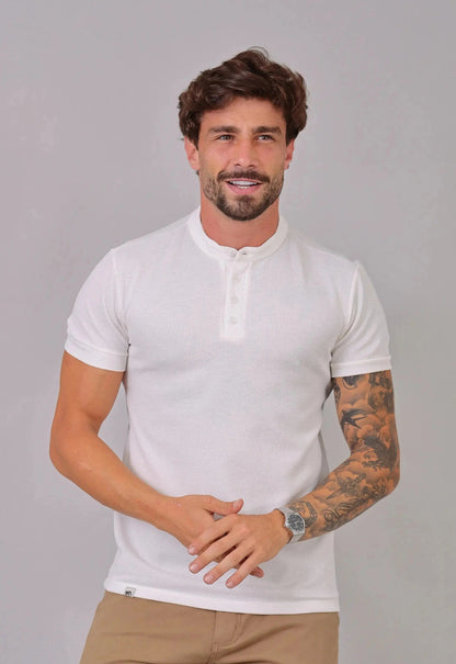 Camiseta Henley Slim Tricot com Elastano Branca