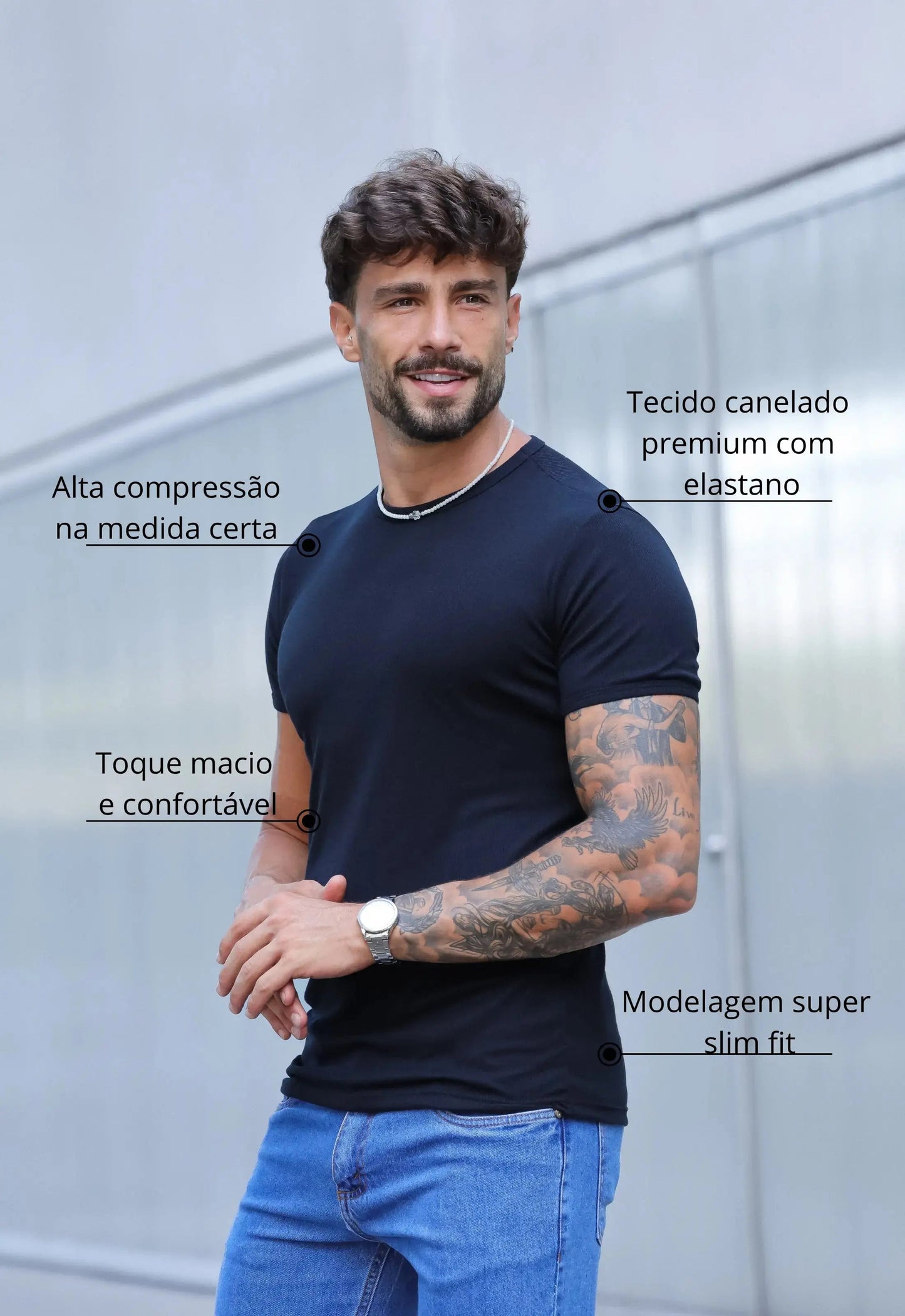 Camiseta Slim Canelada com Elastano Preto