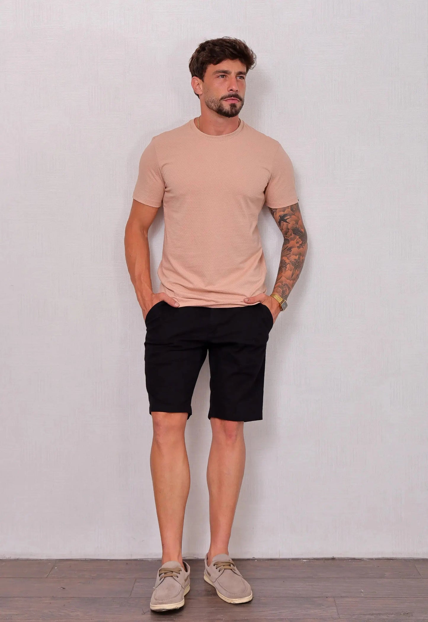 Camiseta Masculina Tricot Ponto Fino Bege