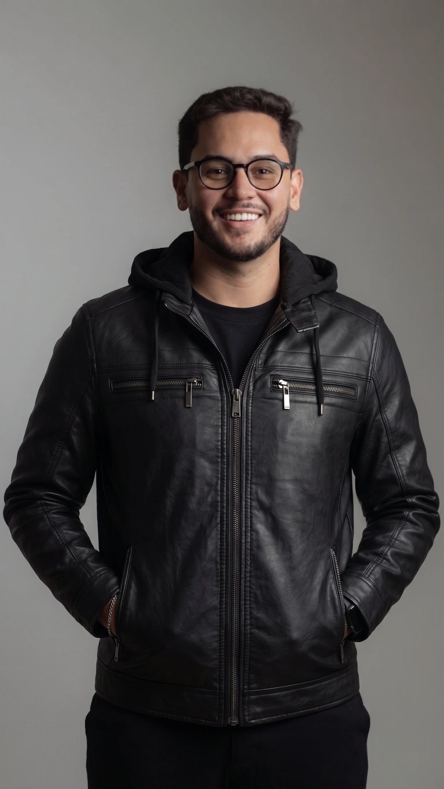 Jaqueta de Couro KURTZ - Masculina Slim, Forrada, Com Capuz Removivel