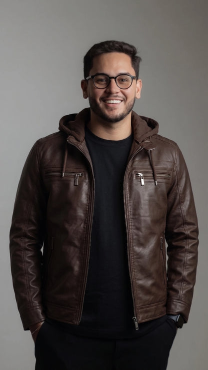 Jaqueta de Couro KURTZ - Masculina Slim, Forrada, Com Capuz Removivel